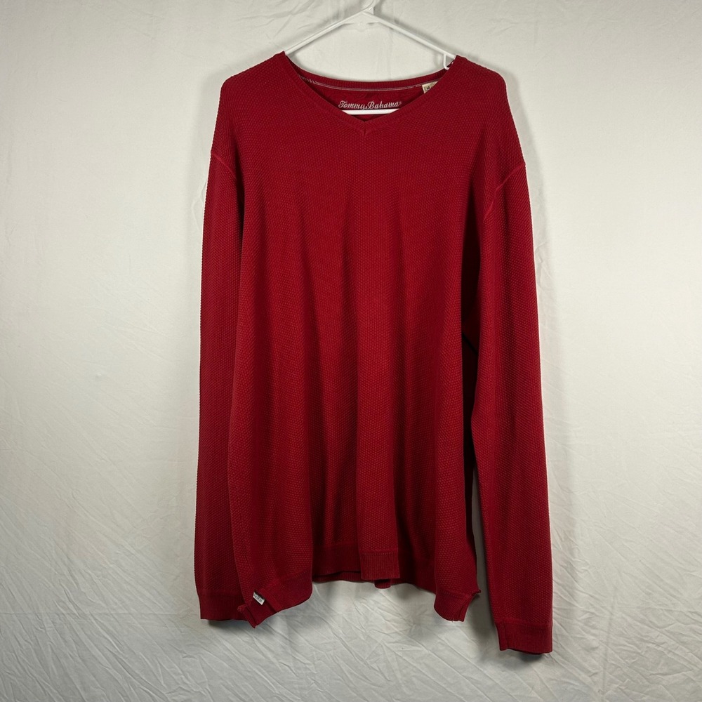 Tommy Bahama Sweater Mens XL Red V-Neck Waffle Knit Cotton Long Sleeve